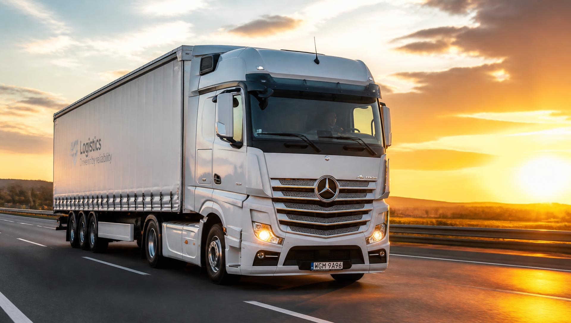 Mercedes Actros z plandeką kontenerową w trasie