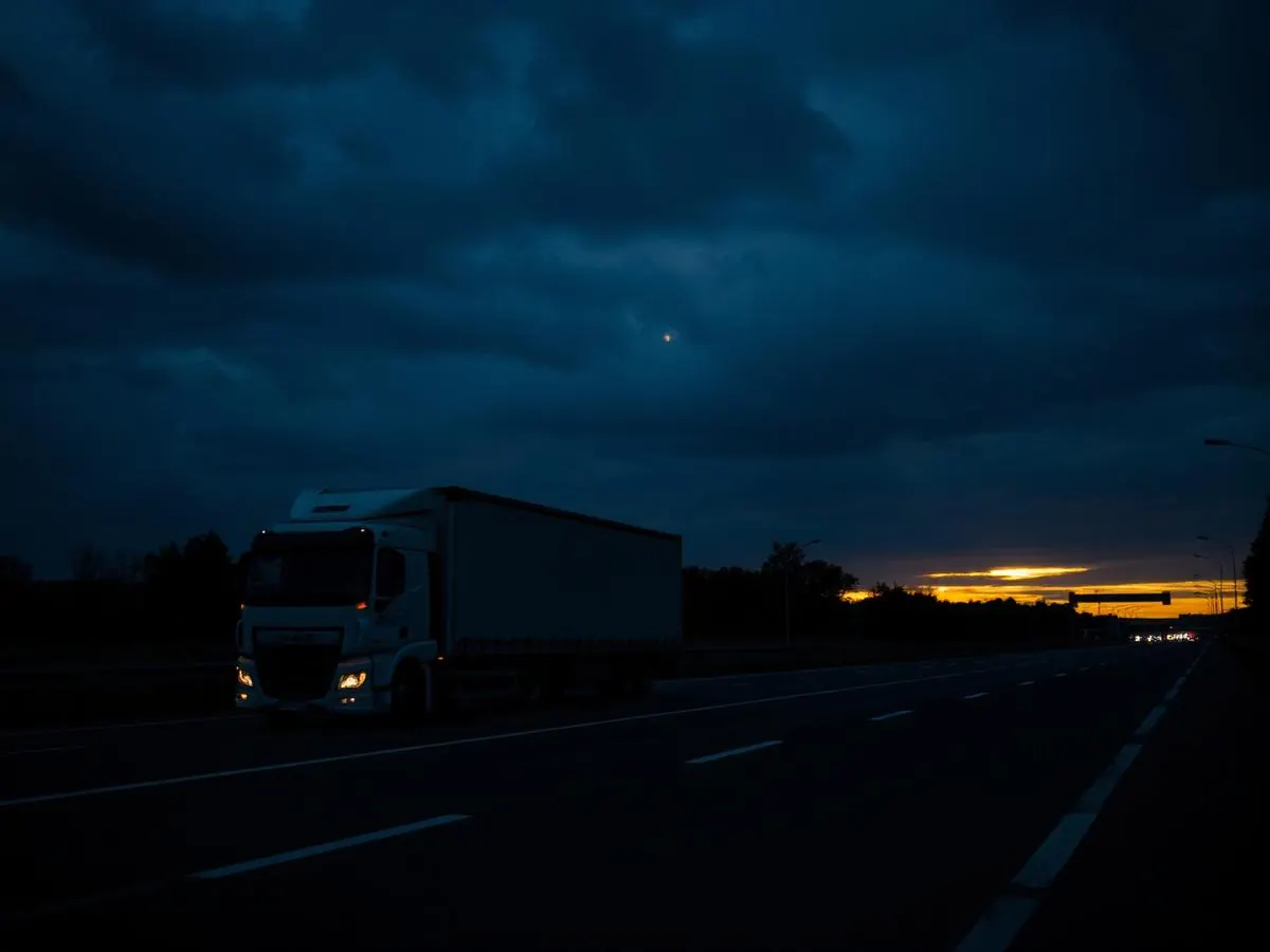 Ciężarówka na autostradzie o zmierzchu